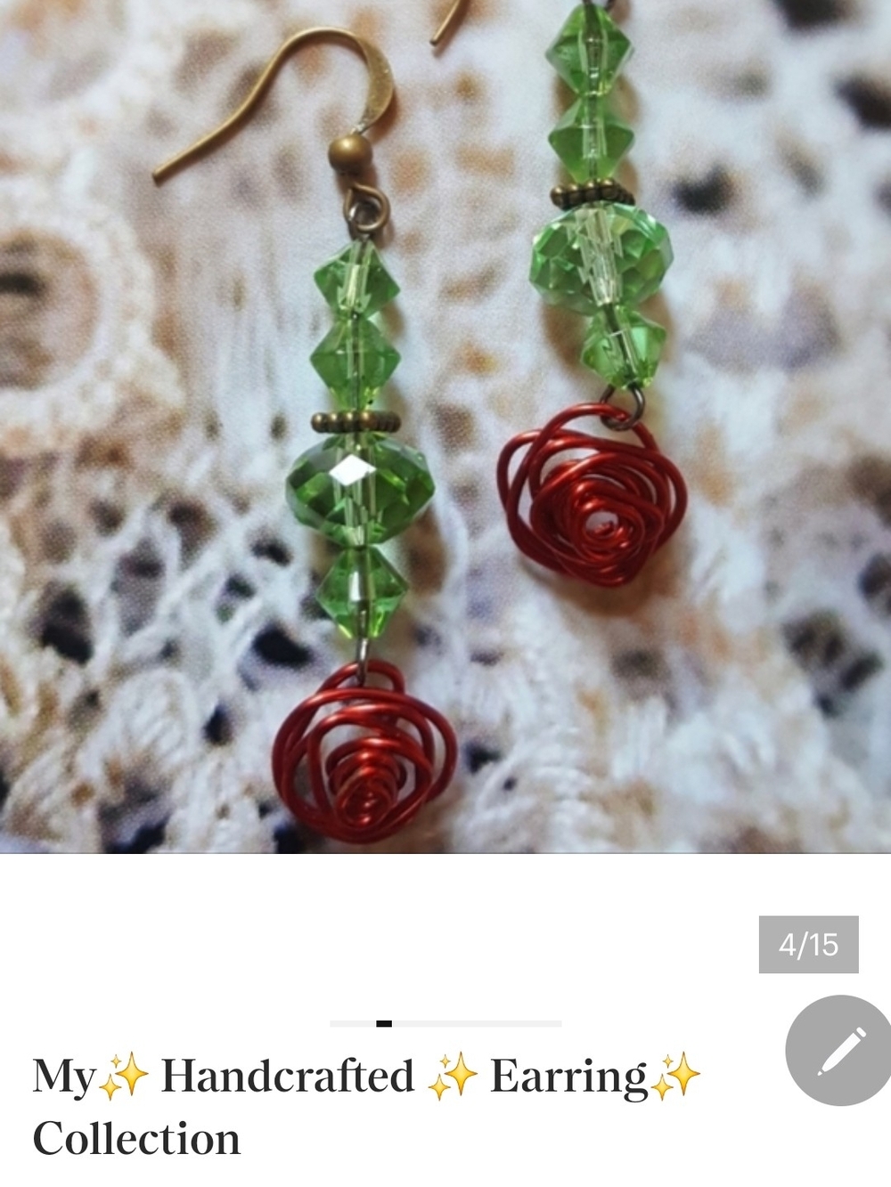 Handcrafted Green and Red Rose Drop Earrings